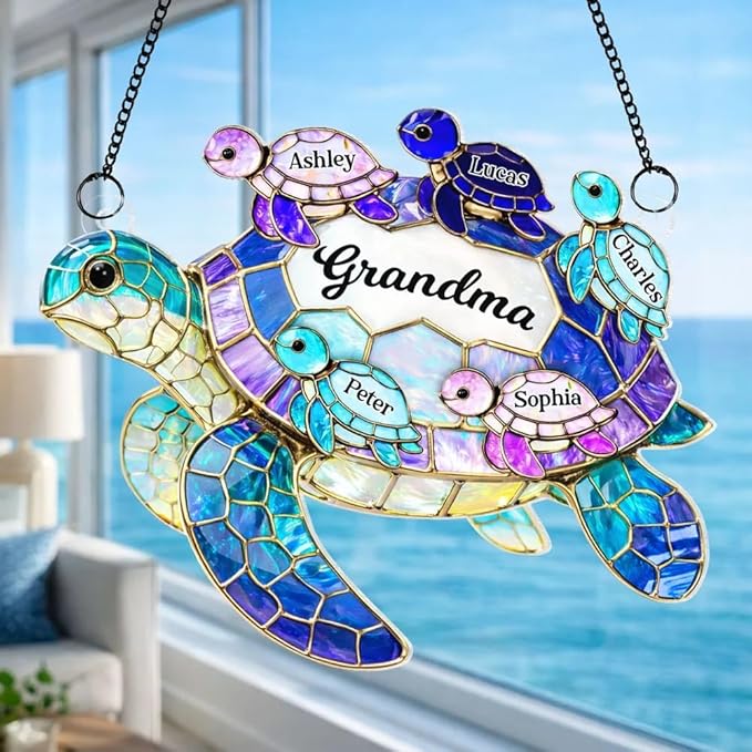 Personalized Sea Turtle Family Sun Catcher Gift for Mom Grandma, Custom Grandma and Grandkids Turtle Acrylic Window Hanging Decor Gift for Mothers Day, Faux Stained Glass Ocean Decor