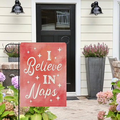 Dyrenson I Believe in Naps Pink Decorative Garden Flag, Watercolor Relaxation Yard Outside Home Decoration Nap Lover Gift, Funny Burlap Outdoor Small Decor Double Sided 12 x 18