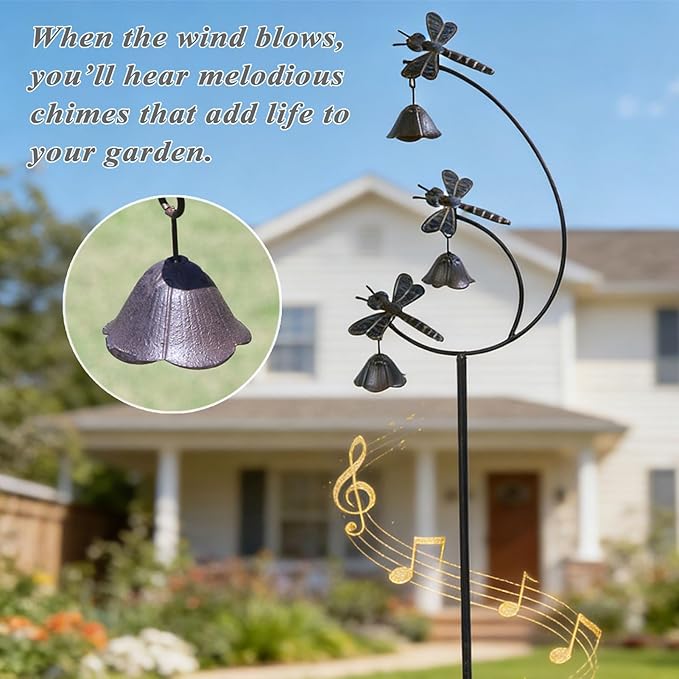 Gardens Metal Dragonfly with Bells for Outside Yard Art，Decorative Garden Stakes