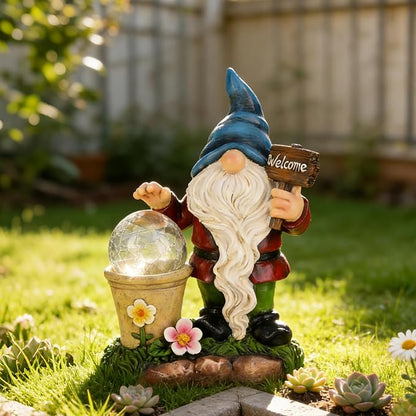 DiliComing Solar Garden Gnomes Outdoor Statues - Cute Gnome Statue with Welcome for Yard Patio Porch Lawn, Resin Gnome Figurine with Solar Light for Thanksgiving and Christmas