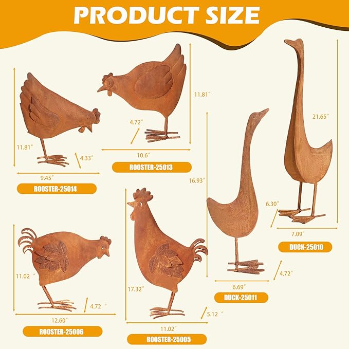 Rooster Garden Statue Decorations,Outdoor Sculpture Chicken Farm Animals Decoration,11.8" Rusty Chicken Decor for Patio Lawn Backyard Yard,Vintage Rustic Chicken Figurine Animal Ornaments