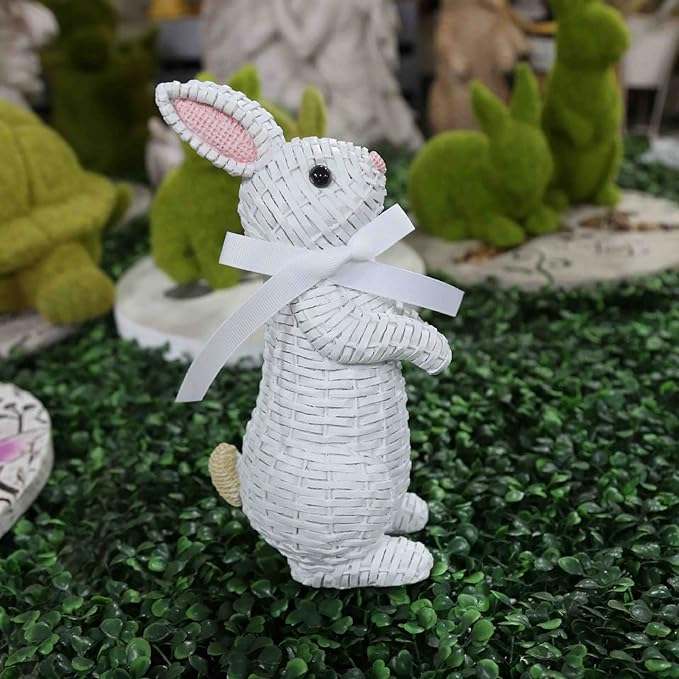 Rattan Rabbit Woven Rabbit Bow Resin Ornaments for Home Courtyard Lawn Tabletop and Easter Decoration to Enhance The Easter Atmosphere Preferred Easter Gifts (8.1in White Station)
