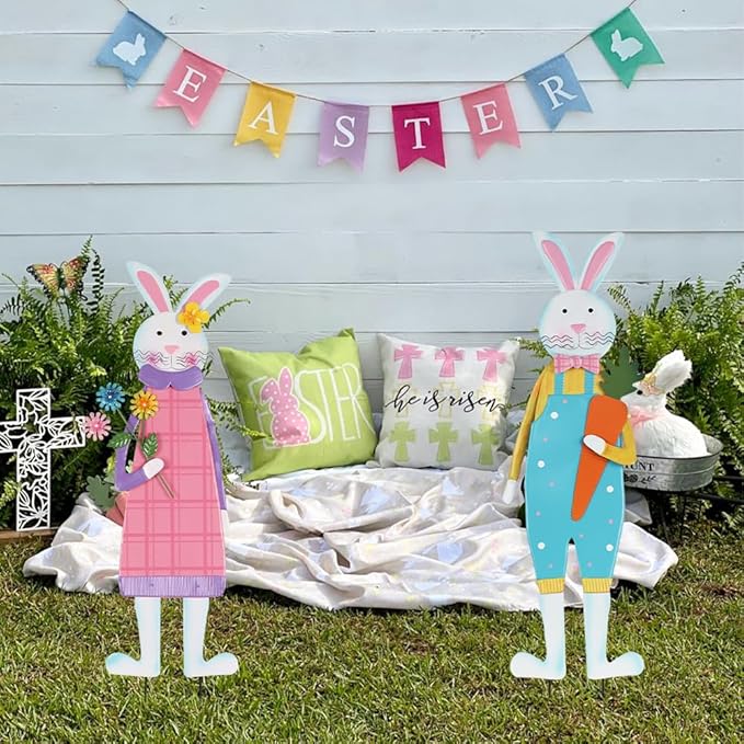 YEAHOME Easter Decorations Outdoor, Set of 2 Metal Bunny Decorative Garden Stakes for Easter Decor, Spring Rabbits Yard Stakes for Home Outside Front Door Porch Lawn Garden Backyard Decorations