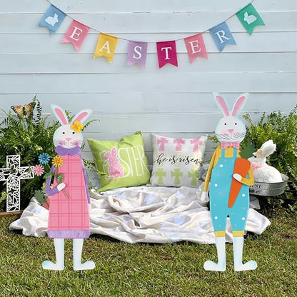 YEAHOME Easter Decorations Outdoor, Set of 2 Metal Bunny Decorative Garden Stakes for Easter Decor, Spring Rabbits Yard Stakes for Home Outside Front Door Porch Lawn Garden Backyard Decorations