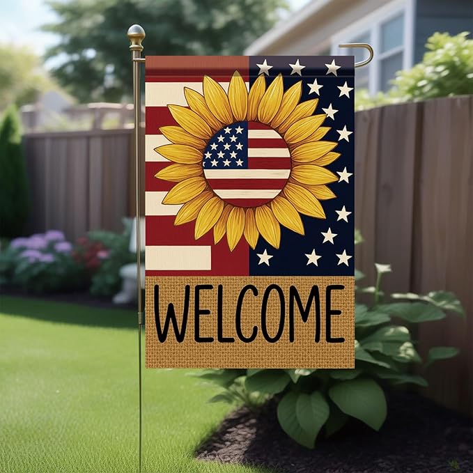 Spring Summer Garden Flag 12x18 Inch Patriotic Sunflower Welcome American Outdoor Stars Stripes Rustic Burlap Style Outdoor Yard Porch Lawn for Seasonal Americana Home Decor