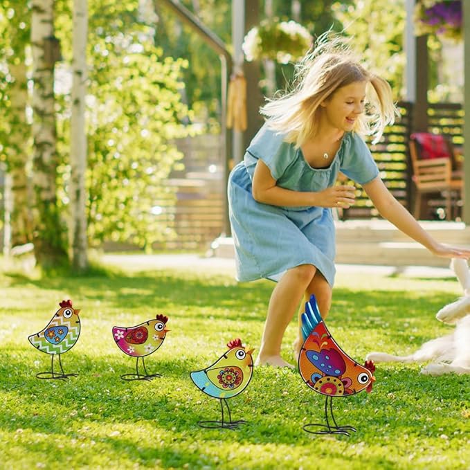 4 Pack Chicken Garden Decor for Outside, Rooster Glass & Metal Yard Art Decoration for Porch Patio, Bird Garden Statues Gifts for Grandma Mom Women (Colorful)