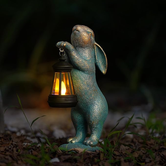 MININOVA Garden Statues Rabbit with Solar Lantern Resin Outdoor Bunny Figurines Decorations for Patio Yard Lawn Ornaments Gifts for Birthday Easter Housewarming