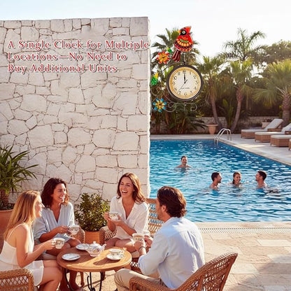 Vintage Indoor Outdoor Clock - Silent Non-Ticking, Double Sided Wall Clock with Cardinal Decor Waterproof for Garden, Patio, Yard, Farmhouse, Home Décor (Red)