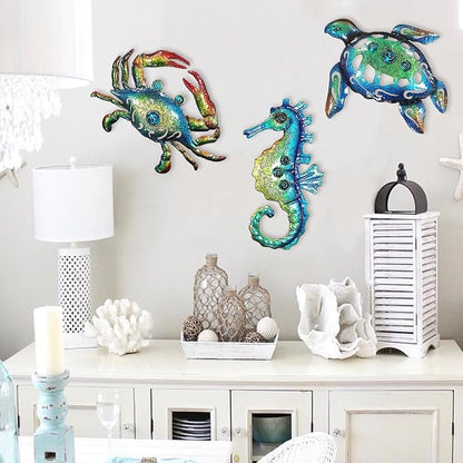 Weibefee Metal Sea Turtle Seahorse Crab Beach Themed Bathroom Wall Art Mother's Day Decor, Ocean Themed Wall Mother's Day Decorations Gift for Home Bathroom,10 Inch, Set of 3…