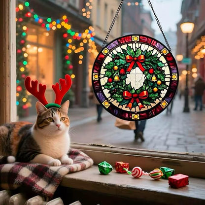 Stained Glass Window Hanging - Christmas Wreath Ornament 6.3 Inches Suncatcher for Garden Home Decor for Women Mon Grandma Friends