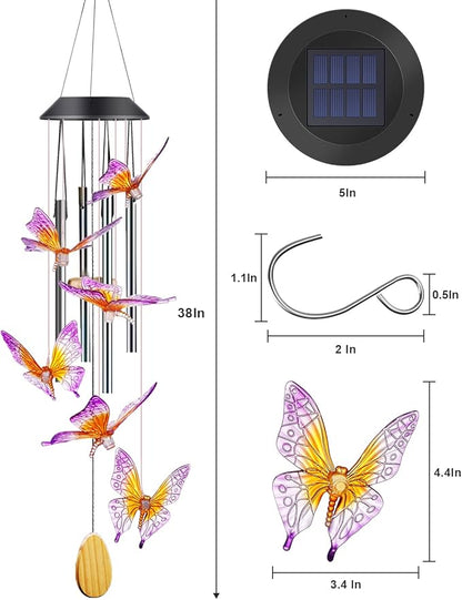 Butterfly Solar Wind Chimes with Aluminum Tubes - Color Changing Wind Chimes for Outside - Thanksgiving Gift