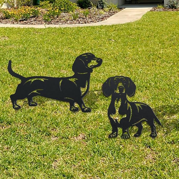 WADORN 2 Styles Dachshund Dog Metal Decorative Garden Stakes, Funny Dachshund Metal Outdoor Statues Black Puppy Silhouette Ornament Dog Gifts Animal Dog Stakes for Garden Backyard Patio Lawn Walkways