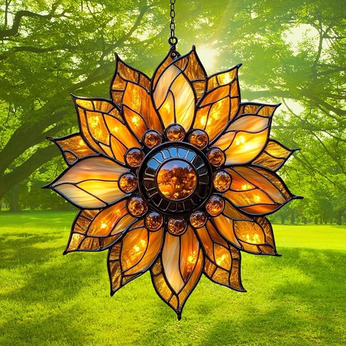 Sunflower Faux Mosaic Acrylic Suncatcher Stained Glass Effect Window Car Hanging Christmas Ornament Indoor Outdoor Decor Garden Sun Catcher Panel for Sunflower Lover for Women Mom Grandma