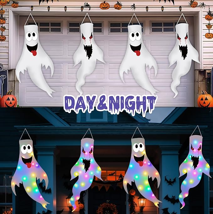 Halloween Decorations Outdoor Indoor, 2 Pack Light Up Ghost Decorations with LED Lights, Hanging Ghost Halloween Decor for Yard Porch Garden Lawn Party (2B-2Pack)