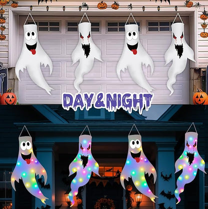 Halloween Decorations Outdoor Indoor, 2 Pack Light Up Ghost Decorations with LED Lights, Hanging Ghost Halloween Decor for Yard Porch Garden Lawn Party (2B-2Pack)