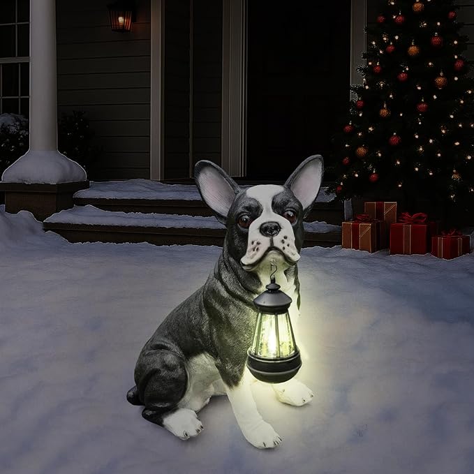 Outdoor Boston Terrier Dog Statue with Interchangeable Welcome Sign and Detachable Solar Lantern –LED Light Garden Dog Sculpture Décor Garden Statue Outdoor Dog Statue for Yard Gift
