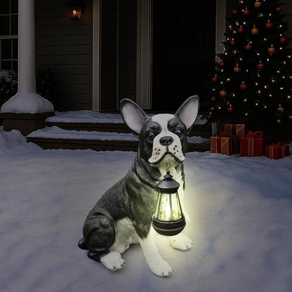 Outdoor Boston Terrier Dog Statue with Interchangeable Welcome Sign and Detachable Solar Lantern –LED Light Garden Dog Sculpture Décor Garden Statue Outdoor Dog Statue for Yard Gift