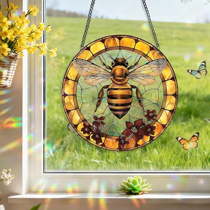 8 Inch Sun Catchers Indoor Window, Acrylic Rainbow Suncatcher Window Hanging Decoration for Living Room Bedroom Summer Home Balcony Ornaments Decoration (94 Bee)