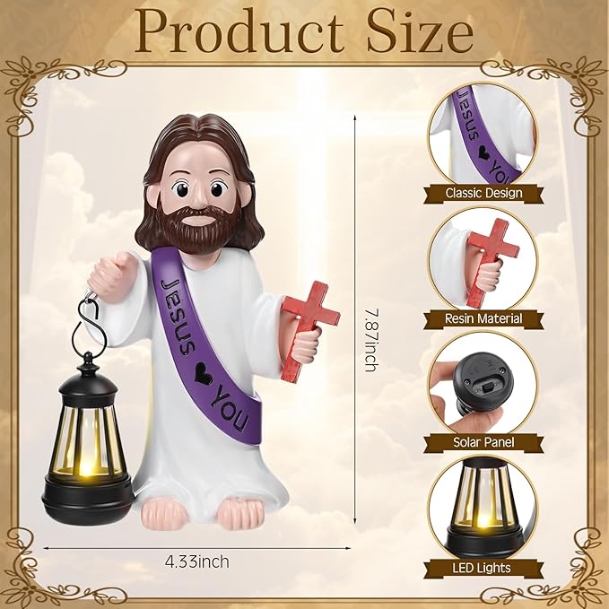 Capoda Solar Jesus Figurine 8 Inch, He is Risen Easter Statue with Glowing Lantern, Jesus Loves You Christian Resin Outdoor Garden Statue Decor, Religious Easter Gifts (Cross,Purple)
