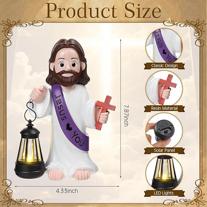 Capoda Solar Jesus Figurine 8 Inch, He is Risen Easter Statue with Glowing Lantern, Jesus Loves You Christian Resin Outdoor Garden Statue Decor, Religious Easter Gifts (Cross,Purple)