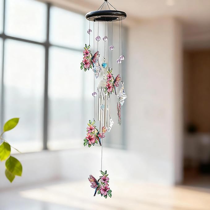 YU FENG Hummingbird Wind Chimes with Crystal Suncatcher – 27 Inch Memorial Wind Chime for Outdoor Garden Decor, Pink Hummingbird Gifts for Women/Mom/Grandma, Durable Metal Windchimes for Yard/Patio