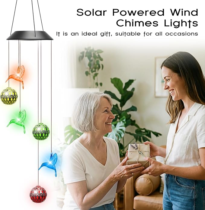 VIHOSE Solar Wind Chimes Lights Outdoor, Color Changing Hanging Solar Wind Chime, Hummingbird Moroccan Ball Mobile LED Lights for Outside Garden Yard Patio Decor, Waterproof
