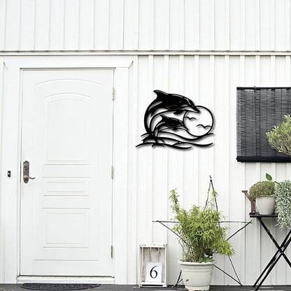 CREATCABIN Dolphin Sunset Metal Wall Art Coastal Seagull Black Iron Wall Silhouette Decor Modern Abstract Hanging Sculpture Ornament Art Plaque for Hotel Bedroom Housewarming Gifts 11.8 x 9 inch