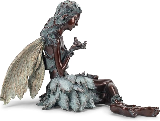 Napco Imports Weathered Bronzetone Sitting Fairy with Bird 12 x 19 Resin Stone Outdoor Garden Statue