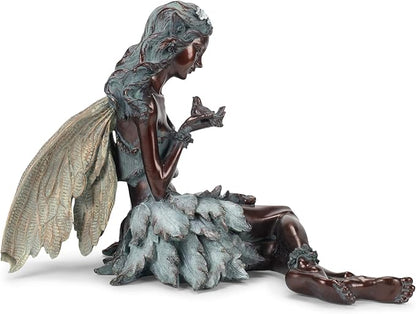 Napco Imports Weathered Bronzetone Sitting Fairy with Bird 12 x 19 Resin Stone Outdoor Garden Statue