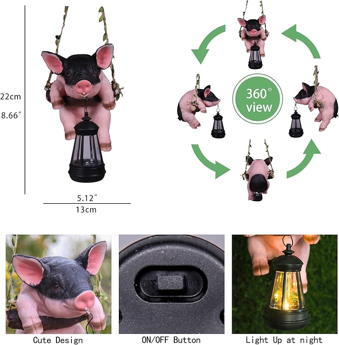 Hanging Pig Garden Lantern, Solar Pig Sculpture Outdoor Resin Garden Decoration, Weather-Resistant Animal Statue for Porch, Patio, and Walkway