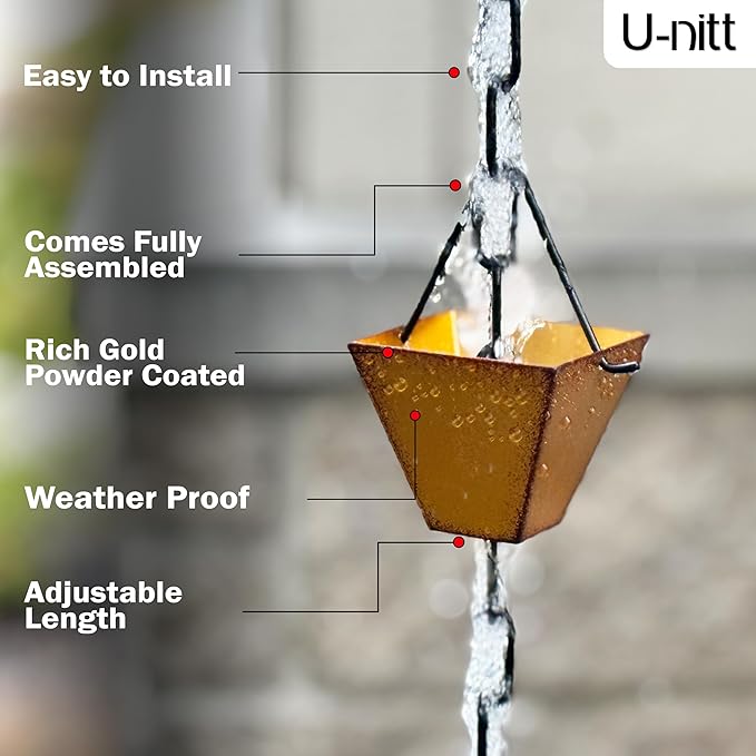 U-nitt Rain Chain Water Collection for Gutters Rainwater Catcher & Diverter, 8.5 FT Chains for Outside Garden, Golden Square Cups, Roof Downspout, Works with Heavy Rain, w/Gutter Clip for Rainchains