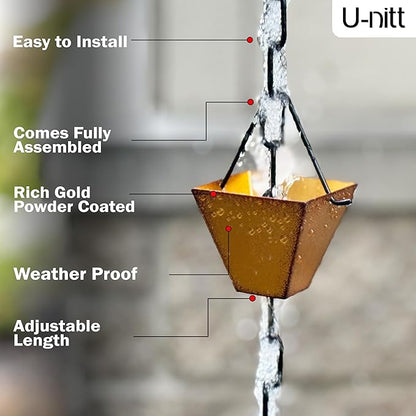 U-nitt Rain Chain Water Collection for Gutters Rainwater Catcher & Diverter, 8.5 FT Chains for Outside Garden, Golden Square Cups, Roof Downspout, Works with Heavy Rain, w/Gutter Clip for Rainchains