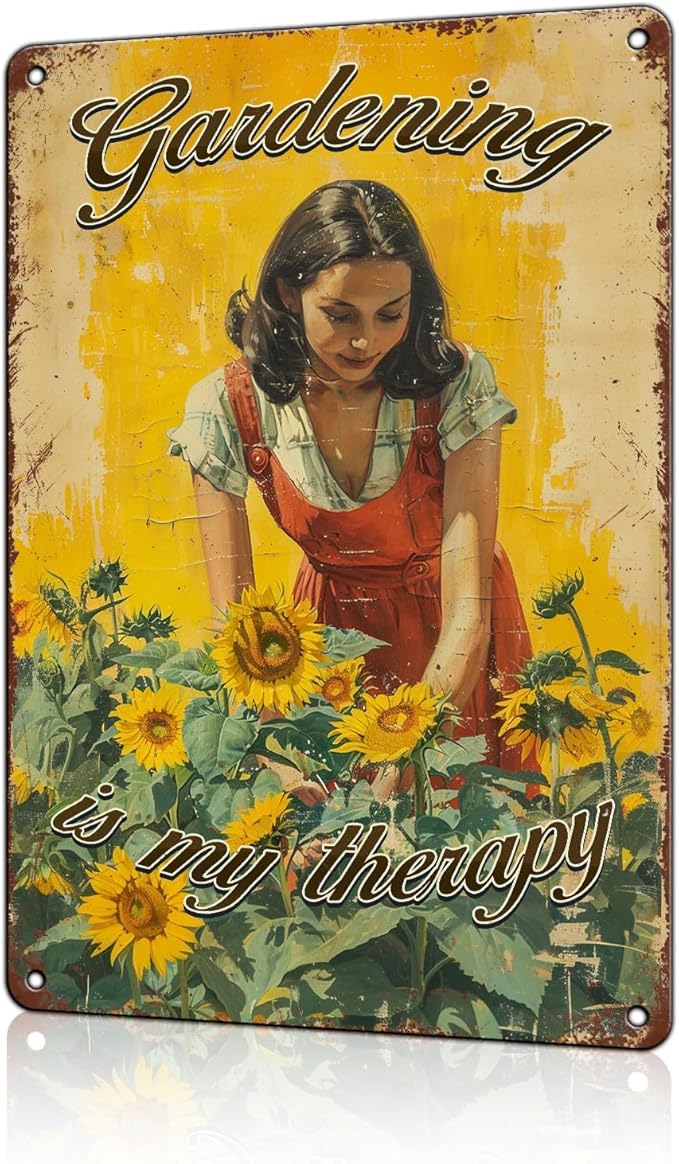 Funny Garden Decor Gardening Is My Therapy Vintage Metal Signs Garden Tin Sign for Home Outdoor Wall Decor 8×12 Inch