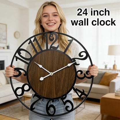 Large Outdoor Clock for Patio - 24 Inch Silent Non-Ticking Outdoor Wall Clock for Garden, Porch, Pool Area - Vintage Farmhouse Wooden & Black Metal Decorative Clock for Living Room, Kitchen
