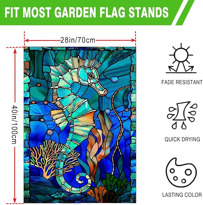 Stained Glass Style Seahorse House Flag 28x40 Inch Double Sided Outside, Coastal Ocean Garden Flag Burlap Yard Flags for Summer Holiday Party Outdoor Decoration