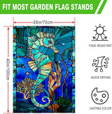 Stained Glass Style Seahorse House Flag 28x40 Inch Double Sided Outside, Coastal Ocean Garden Flag Burlap Yard Flags for Summer Holiday Party Outdoor Decoration