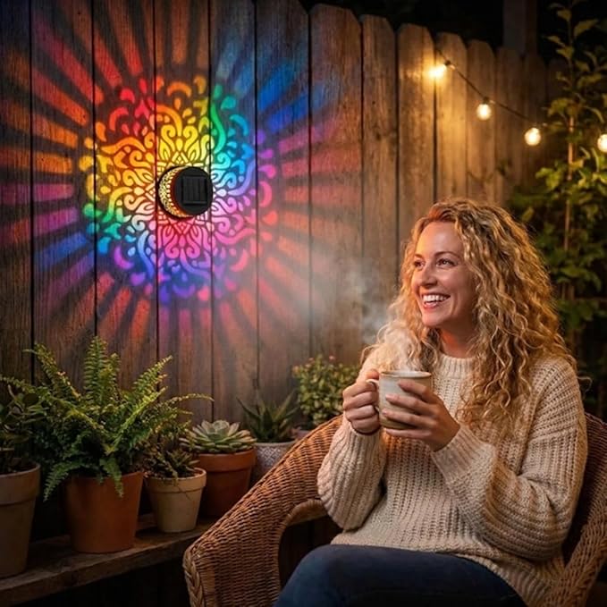 Lscsdf Seven-Color Changing Solar Mandala Projection Wall Light Decorative Solar Mandala Lights Outdoor Waterproof Metal Fence Lights for Yard Garden Post Patio Backyard Decor (2pcs)