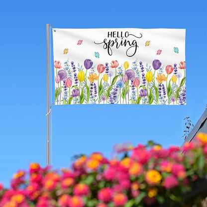 AVOIN colorlife Hello Spring Tulip Lavender House Flag 3x5 FT Double Sided, Seasonal Flower Large Banner Yard Outdoor Flag