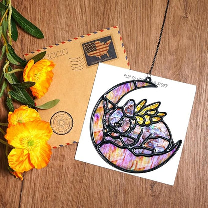Moon Handmade Resin Suncatchers, Artisan Boho Sun Catcher Stained Glass Effect Window Hanging Garden Decor for Dog Lovers, Gift for Mother's Day Mom Grandma Wife Women