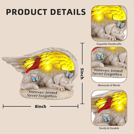 Dog Memorial Stone with Solar Lights Angel Wings Cardinal Butterfly 8 Inch, Pet Grave Markers Sleeping Statue Pet Loss Sympathy Gift Waterproof Resin for Outdoor Cemetery Garden Decor
