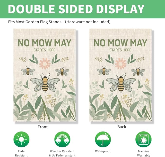 Perfectinsoy No Mow May Starts Here Garden Flag, Pollinator Garden Yard Sign, Community Progress Welcome Yard Home Backyard Porch Patio Lawn Farmhouse Bee Outdoors Decor, No Mow Yard Sign