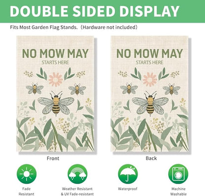 Perfectinsoy No Mow May Starts Here Garden Flag, Pollinator Garden Yard Sign, Community Progress Welcome Yard Home Backyard Porch Patio Lawn Farmhouse Bee Outdoors Decor, No Mow Yard Sign