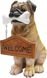 Nature's Mark Pug Dog Puppy Statue with Reversible Welcome Sign and Go Away Sign Resin Garden Decor 12" H