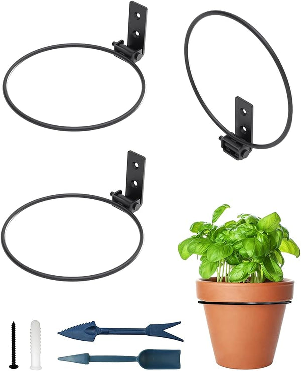 NACETURE Flower Pot Holder Ring for Wall Mount Foldable – Heavy Duty Round Metal Planter Hooks Hangers - Fence Pot Plant Holders Hanging Bracket for Outdoor Indoor (6 Inch 3 Pack)
