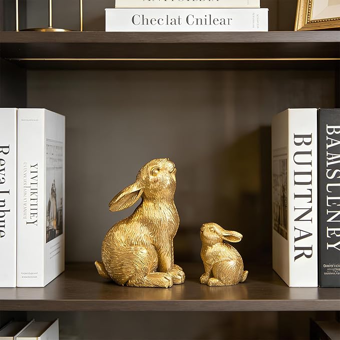 Resin Gold Bunny Decor Rabbit Figurines, Small Easter Bunny Figurine Set of 2, Easter Rabbit Statues for Spring Tabletop Decor