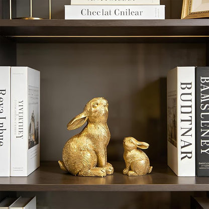 Resin Gold Bunny Decor Rabbit Figurines, Small Easter Bunny Figurine Set of 2, Easter Rabbit Statues for Spring Tabletop Decor