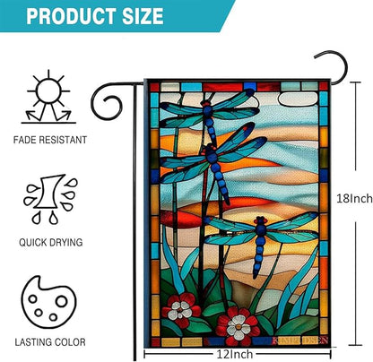 Dragonfly Stained Glass Garden Flag -12x18 Inch Double Sided Decorative Yard Flag for Outdoor Spring and Summer Decor
