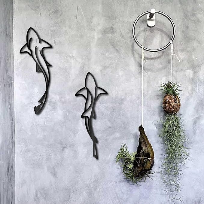 CREATCABIN Black Metal Fish Wall Art Modern Iron Wall Decor Marine Nautical Shark Sculpture Minimalist Hanging Sign Summer Ocean Ornament for Indoor Outdoor Kitchen Bathroom Patio Pool 15.7 x 5.9 Inch