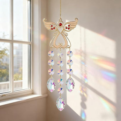 Angel Sun Catcher with Crystal, White and Silver, Metal and Crystal, 15 Inch, Hanging Wind Chime Ornament for Windows, Garden, Home Decor, Wedding, Christmas Tree (Red)