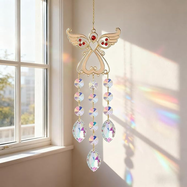 Angel Sun Catcher with Crystal, White and Silver, Metal and Crystal, 15 Inch, Hanging Wind Chime Ornament for Windows, Garden, Home Decor, Wedding, Christmas Tree (Red)